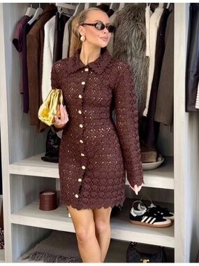 H&M Edition NWT - brown Crochet knit gold Button-Front Mini Dress